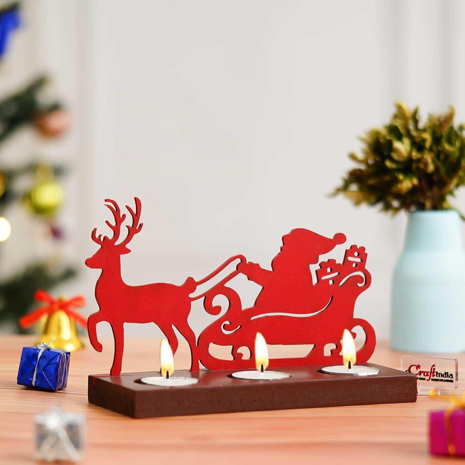 

Santa Clause with Reindeer Sleigh Showpiece Decorative Tea Light Candle Holders(Wooden, Red)| Christmas Decoration Items