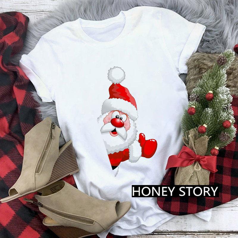 Casual Cute Cartoon Christmas Santa Graphic Female T-Shirt 90S Funny Summer Tees Loose White Blouse Short Sleeve O-Neck Crop Top