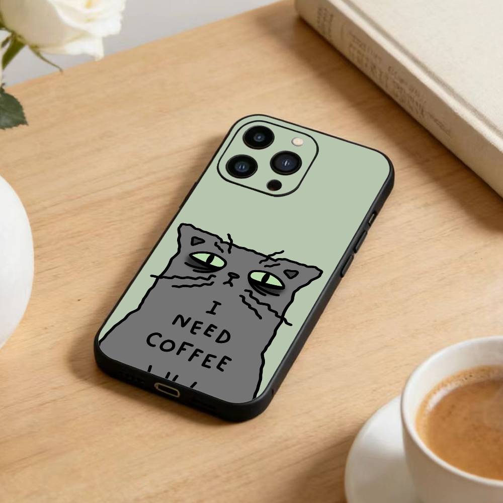 Striped Shirt Coffee Cat Phone Case For iPhone 17 16 15 14 13 12 Max Plus Silicone Black Cover