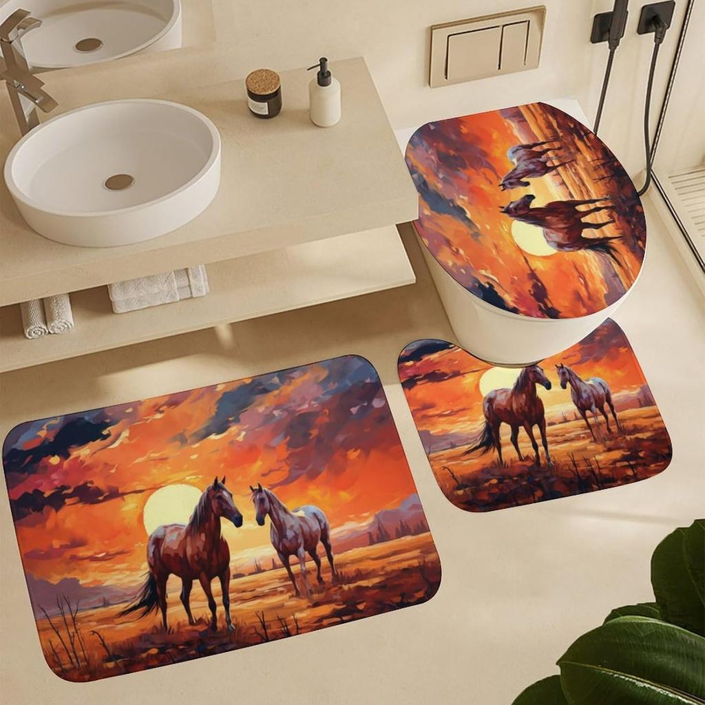 Colorful Horse Shower Curtain Sets With Rugs Toilet Lid Cover And Bath Mat Abstract Sunset Landscape Nature Animal Shower Curtai