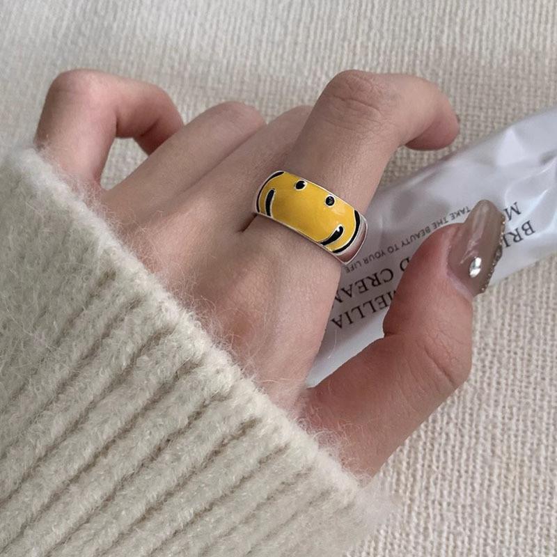 Stylish Korean Yellow Smiley Face Ring For Women Adjustable Geometric Design Fashionable