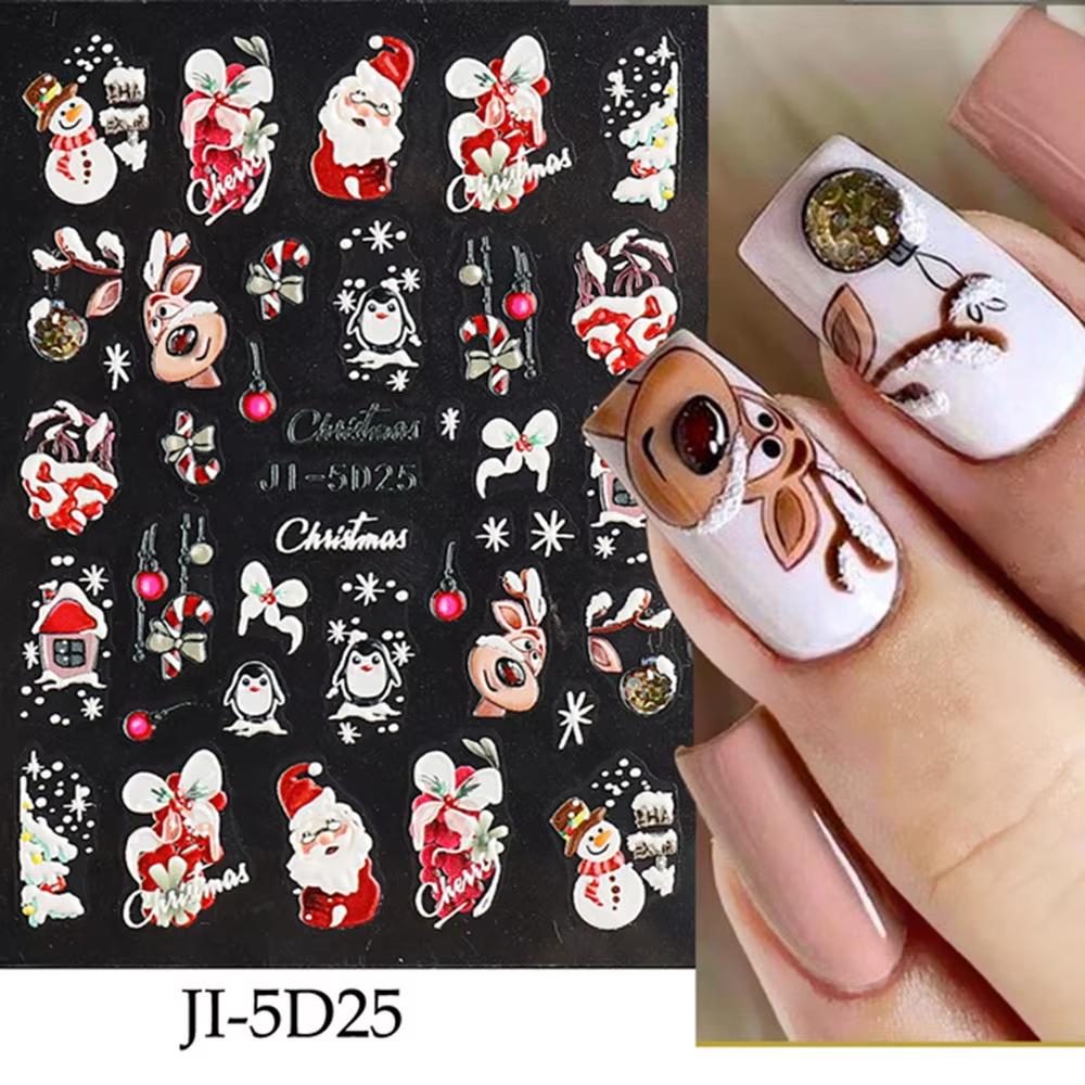 BEPAN 5D Christmas Nail Art Stickers Winter Christmas Snowflake Bear Raised Nail Patch for Festive Manicures Christmas Nails