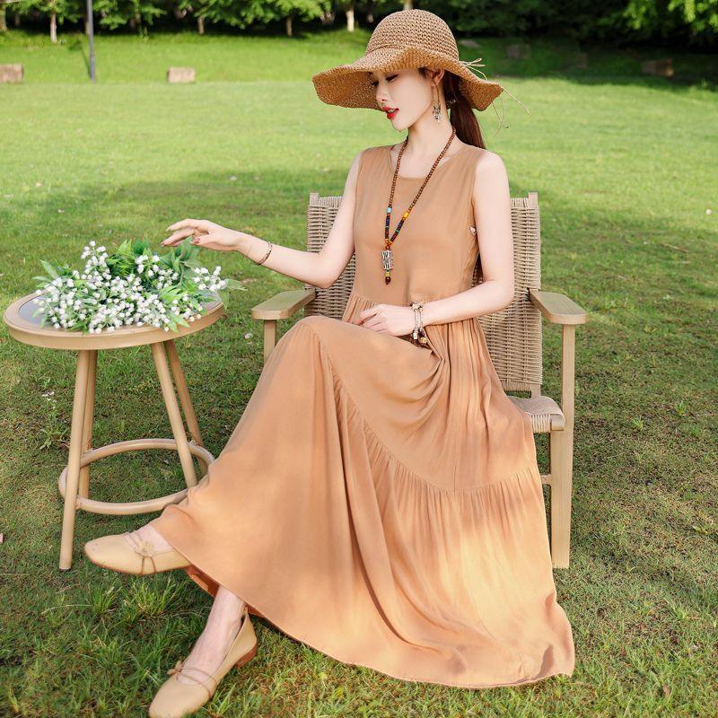 Sommer Fließendes Baumwollkleid Ärmellos Junge Frauen Strand Langes Kleid Urlaubs-Sommerkleid
