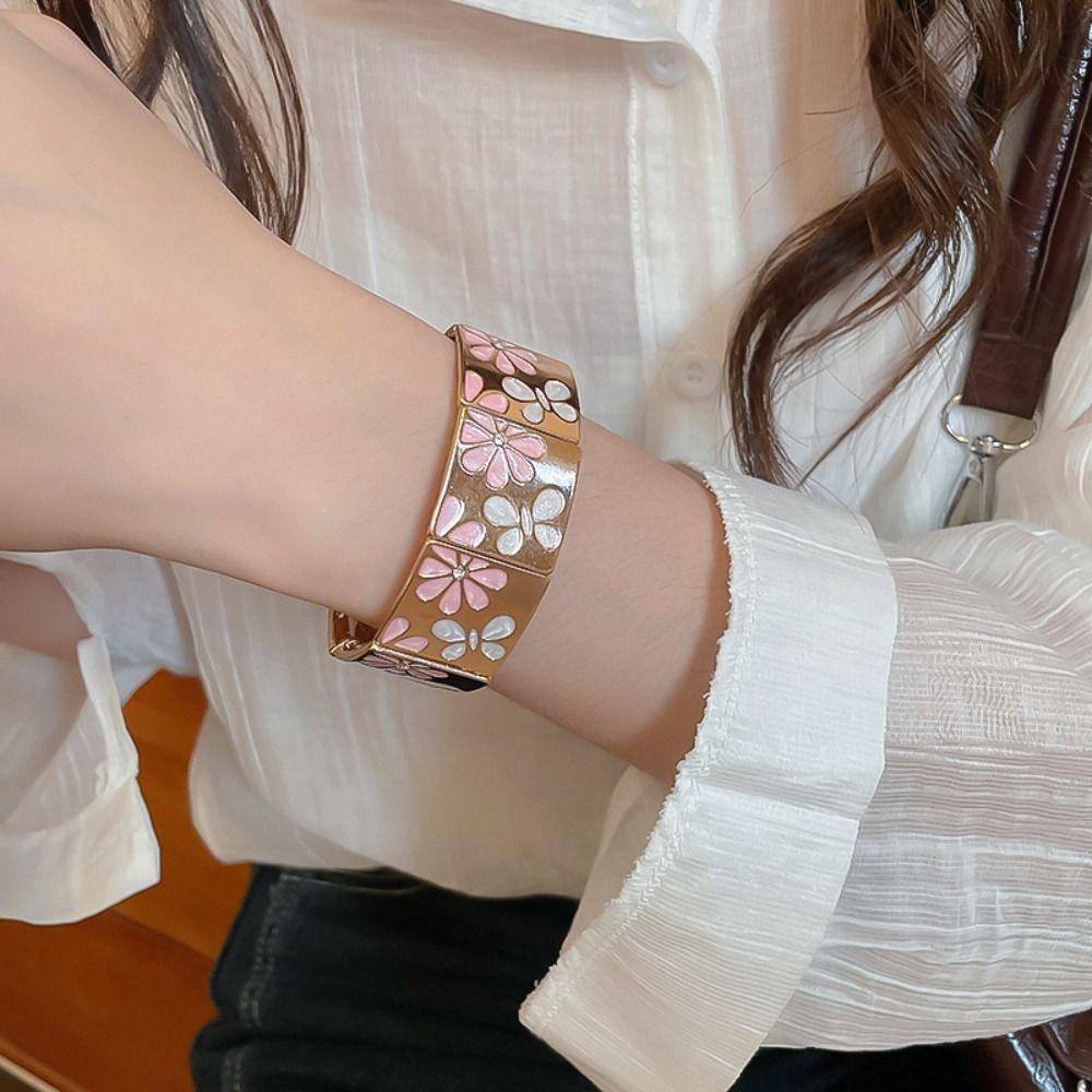 Silver Drip Oil Flower Bracelet Metal Elastic Bangles Creative Geometric Square Bangle Girls Gift