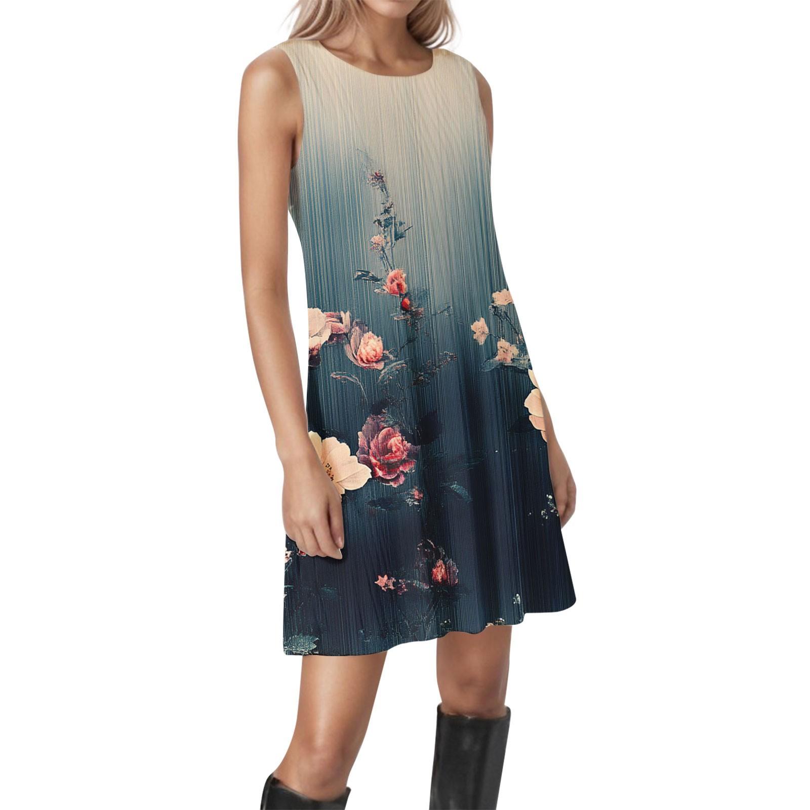 

Женские винтажные цветочные повседневные платья без рукавов с круглым вырезом и текстурой S тёмно-синий