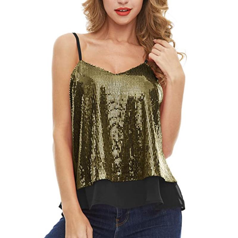 Vestă sexy la modă nouă, Topuri cu paiete pentru femei, cămașă pentru femei, fără mâneci, cu decolteu în V, tricouri de vară pentru femei, haine de petrecere.