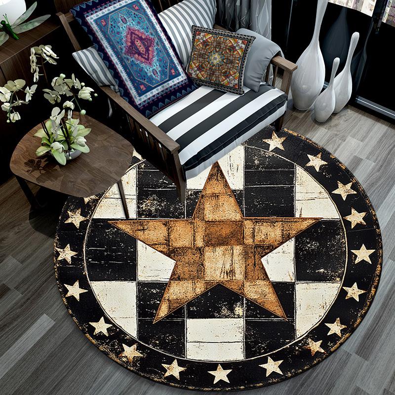 Rustic Star Round Area Rug,Carpet Rug for Living Room Bedroom Sofa Playroom Decor,Non-slip Floor Mat