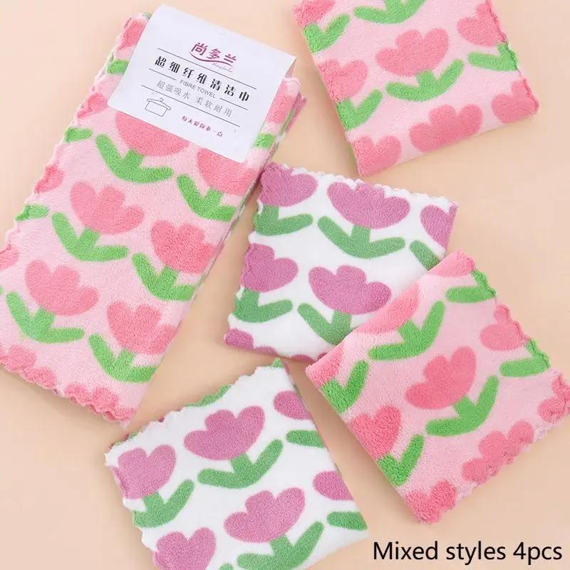 4pcs Kitchen Cleaning Cloths Soft Absorbent Dishcloth Coral Fleece Sunflower Wiping Towel Rags Household Cleaning Cloth 30X30CM