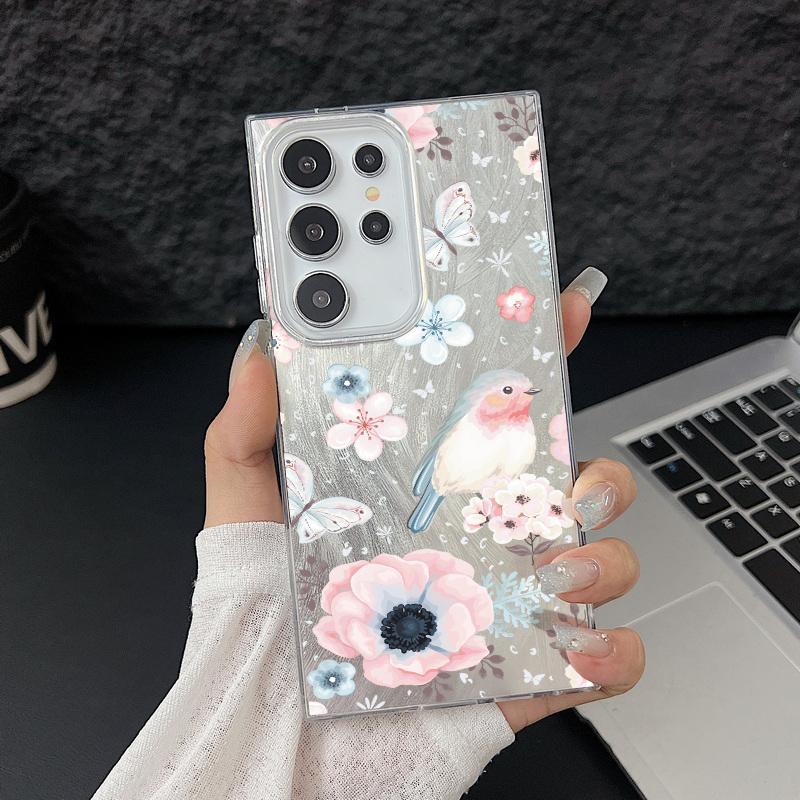 Red Floral Pattern Feather Sparkling Hard PC Slim Phone Case For Samsung S25 Ultra S24 FE S23 A36 A56 A16 A55 Glitter Shockproof TPU Soft Edge Cover