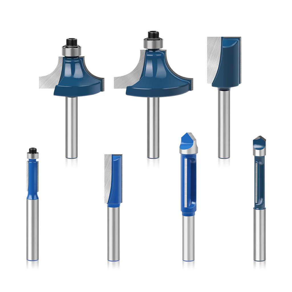 1/4 Handle Seven-Piece Combination Woodworking Milling Cutter Set, Rounded Corner Knife Straight Knife Trimming Machine Engraving Machine Cutter Head