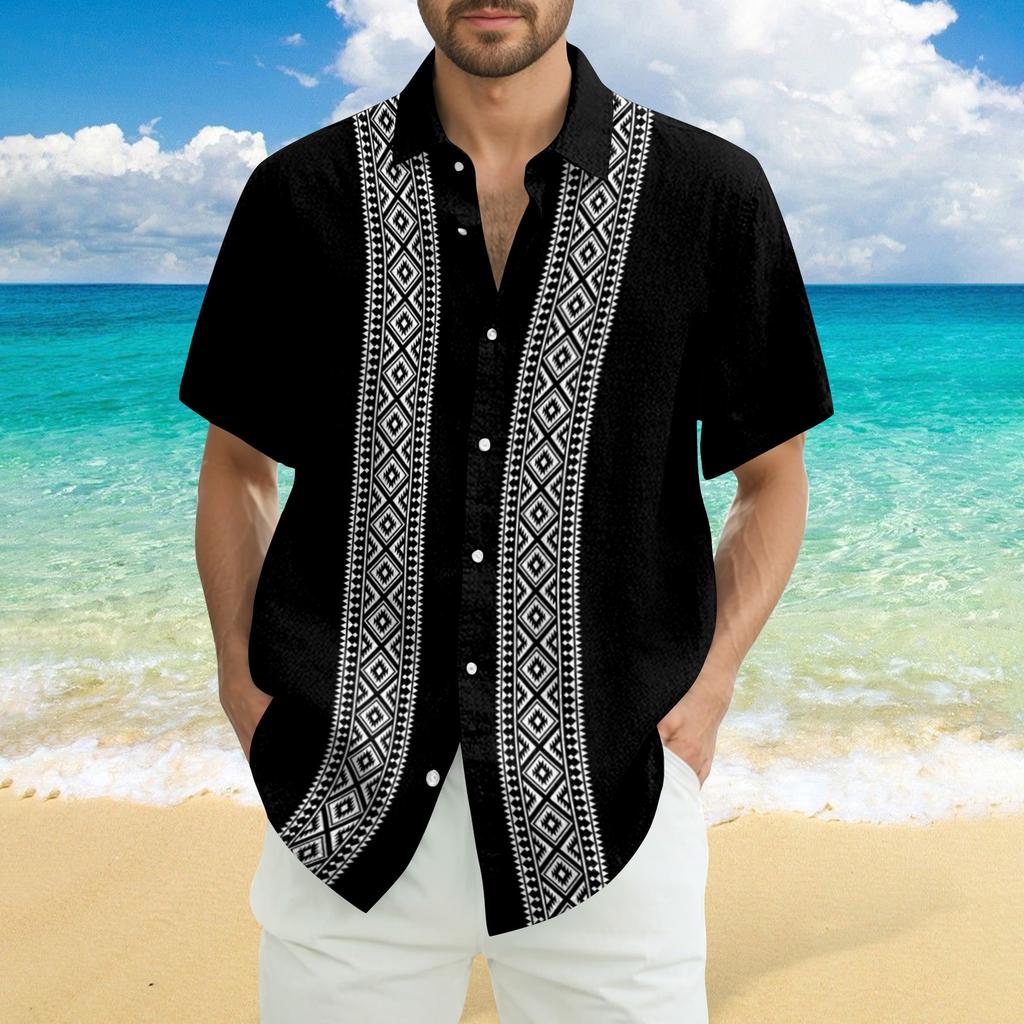 Men's Fashionable Casual Loose Striped Printed Beach Short-sleeved Shirt