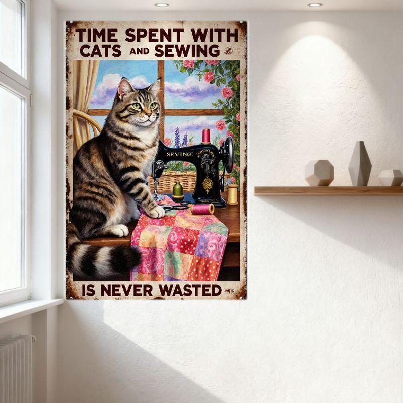 Vintage Metal Sign 'TIME SPENT WITH CATS AND SEWING' Rustic Cat Sewing Machine Patchwork Quilt Wall Decor for Home Office Bar Ca