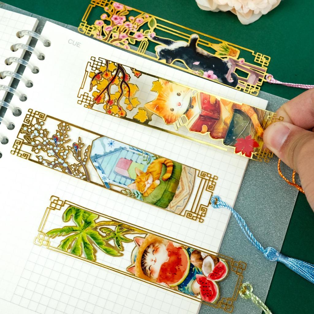 Cute Cat Four Seasons Chinese Metal Bookmark - Cultural Gift, Creative Hollow-out Design, Reading & Journal Decoration.
