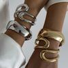 Salircon Trendy Simple Geometric Smooth Wide Spring Bangles for Women Double Layer Curved Metal Bracelet Ladies Party Jewelry