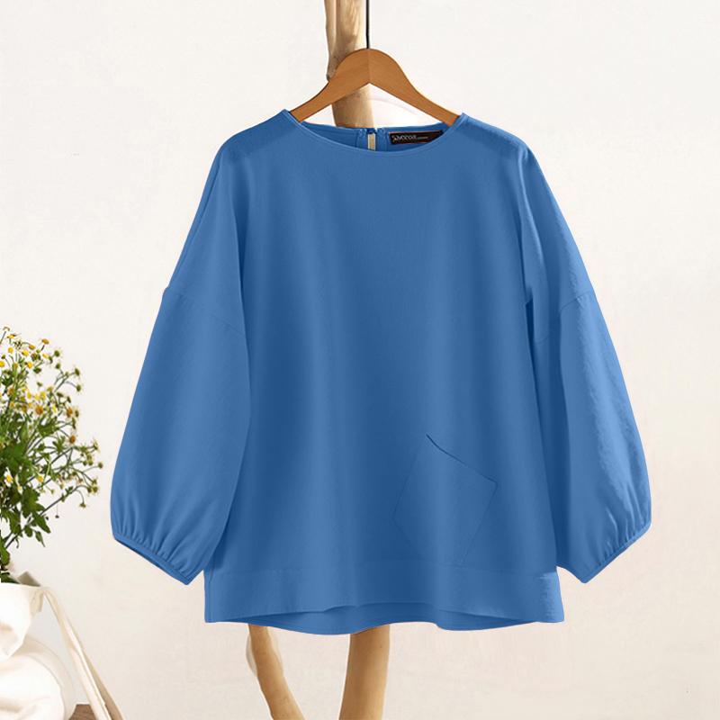 

ZANZEA Женская летняя блузка с круглым вырезом, однотонная, свободного кроя, с рукавом 3/4 3XL