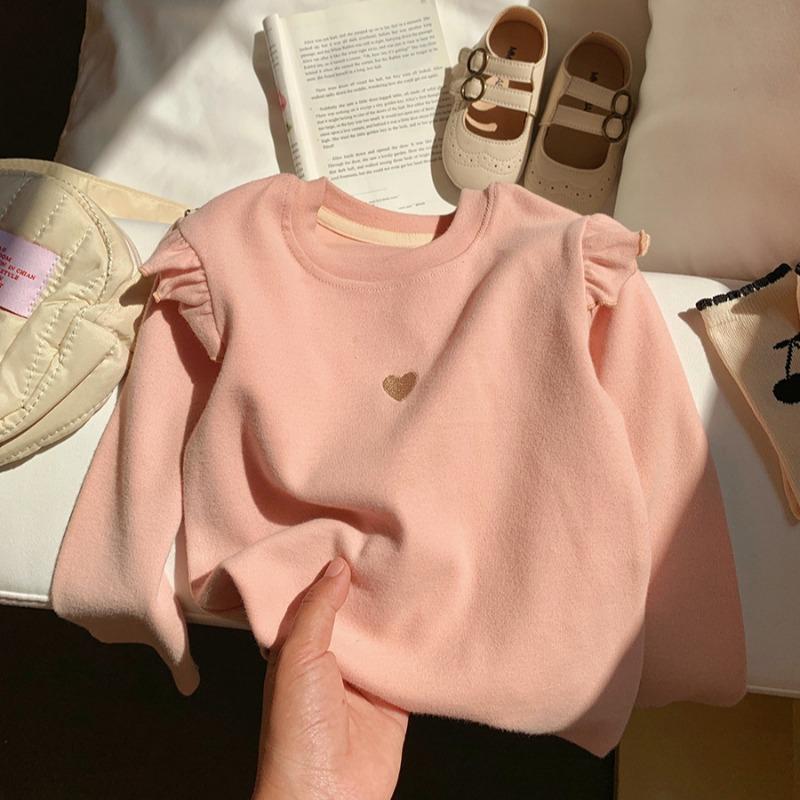 Spring and Autumn Girls'  Cotton Base Shirt Love Embroidered Long Sleeve T-Shirt Clothes