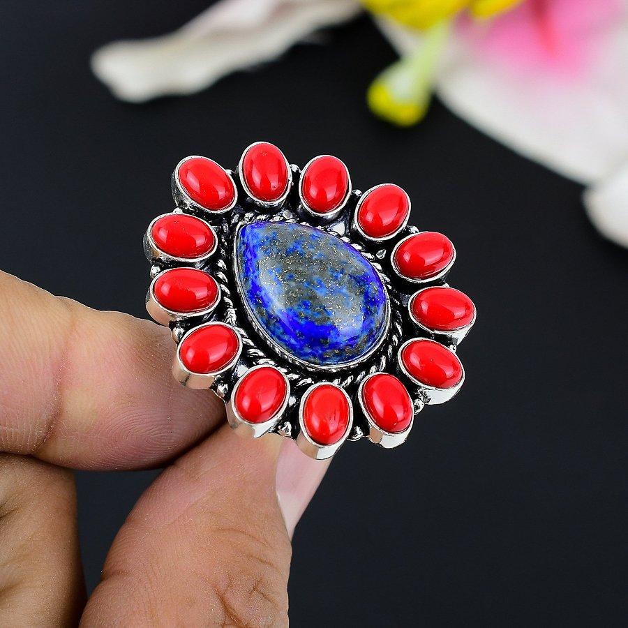 

Lapis Lazuli, Coral Gemstone 925 Sterling Silver Jewelry Ring Size 6 KG-144