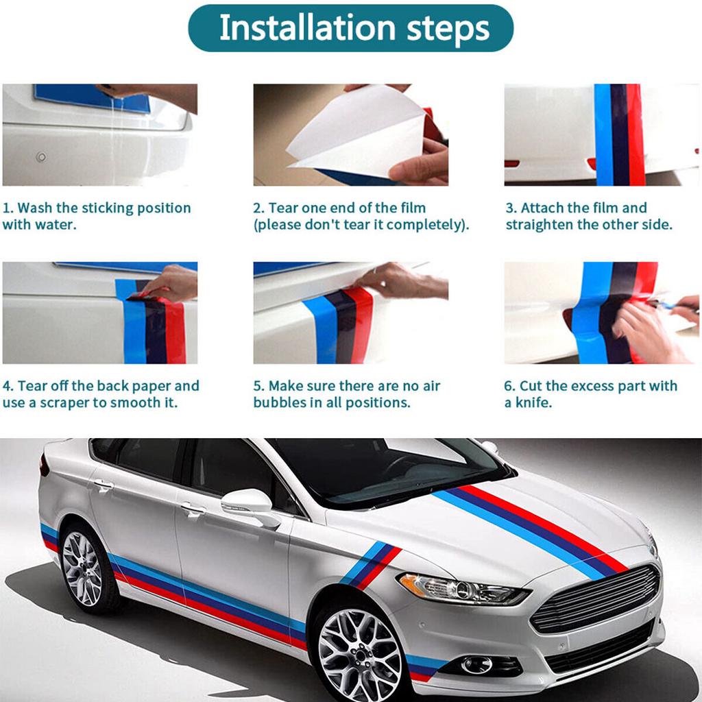 MLKQ6 Car Sticker M Color Stripes Rally Side Hood Racing Motorsport Vinyl Decal Sticker Strip Bumper Engine Cover For BMW 117"/4.5m