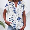 Women's Short Sleeve V-Neck Blue Floral Leaf Print Casual Shirt