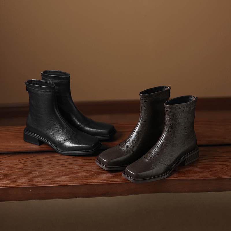 Krazing Pot Sheepskin Winter Square Toe Western Boots Med Heels Zipper Women Ankle Boots