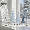 Staggered Tree Set Decorations 5Pcs Wooden Christmas Ornaments, Nordic Style Blue And White Small Village Scenes Plaid/Snowflake/Polka Dot Desktop for