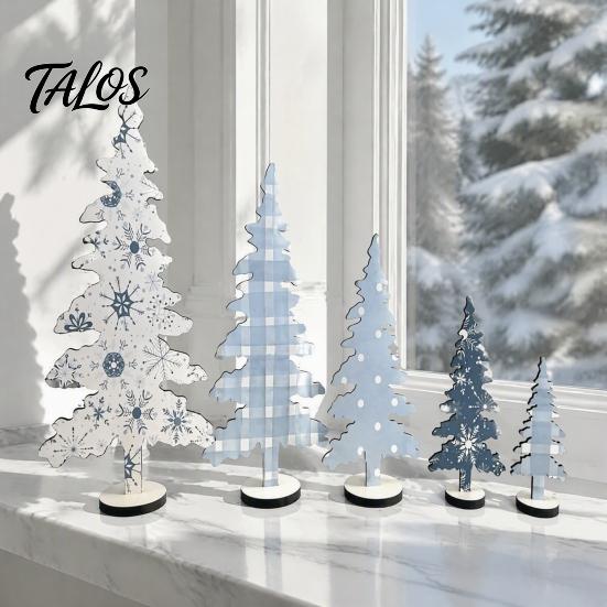 Staggered Tree Set Decorations 5Pcs Wooden Christmas Ornaments, Nordic Style Blue And White Small Village Scenes Plaid/Snowflake/Polka Dot Desktop for