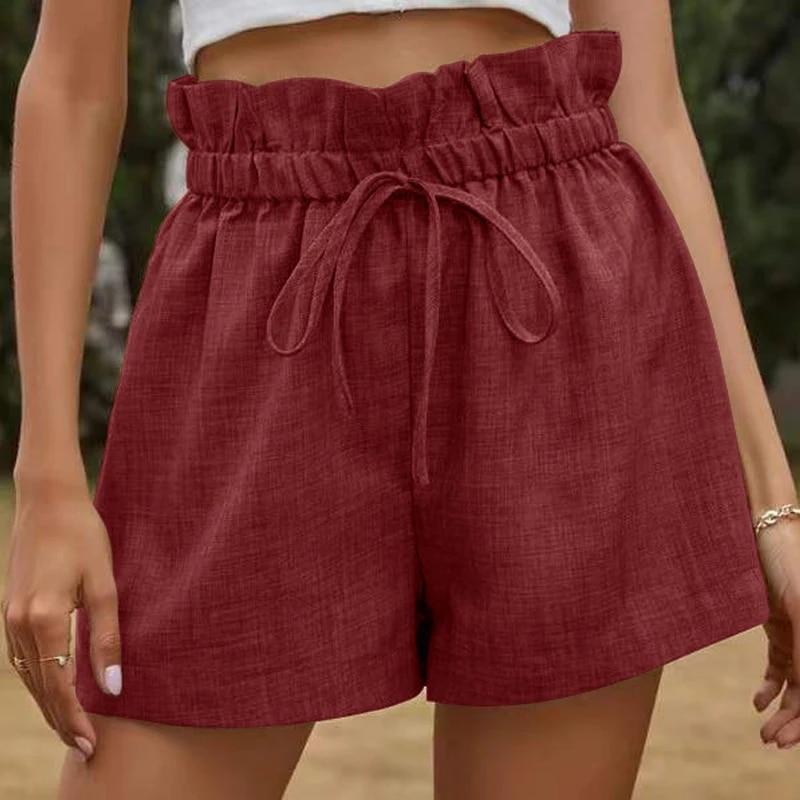 2024 Summer Cotton Linen Women Wide Leg Shorts  High Waist Casual Drawstring Pants For Women Loose Ruffled Lady Clothes 30773