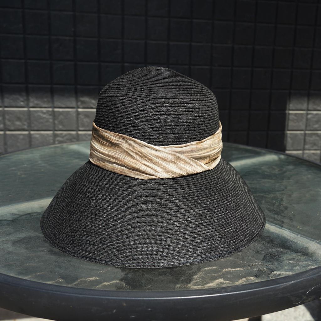 French Retro Black Hepburn Bell-Shaped Large Brim Basin Hat Women'S Summer Vacation Beach Sunshade Sun Protection Japanese Straw Hat