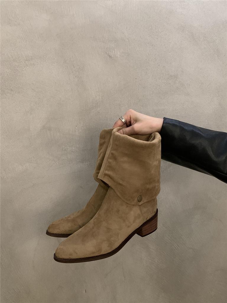 Botas apilables de ante esmerilado de dos usos para mujer 2025 otoño e invierno nuevas botas de vaquero occidentales para exteriores botas largas de caballero con boca en V