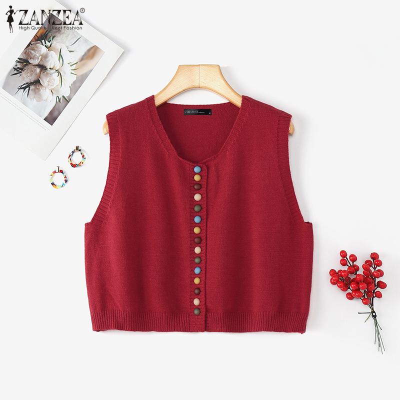 

ZANZEA Women V Neck Sleeveless Colorful Buttons Casual Knitted Cropped Vest Tops S красный