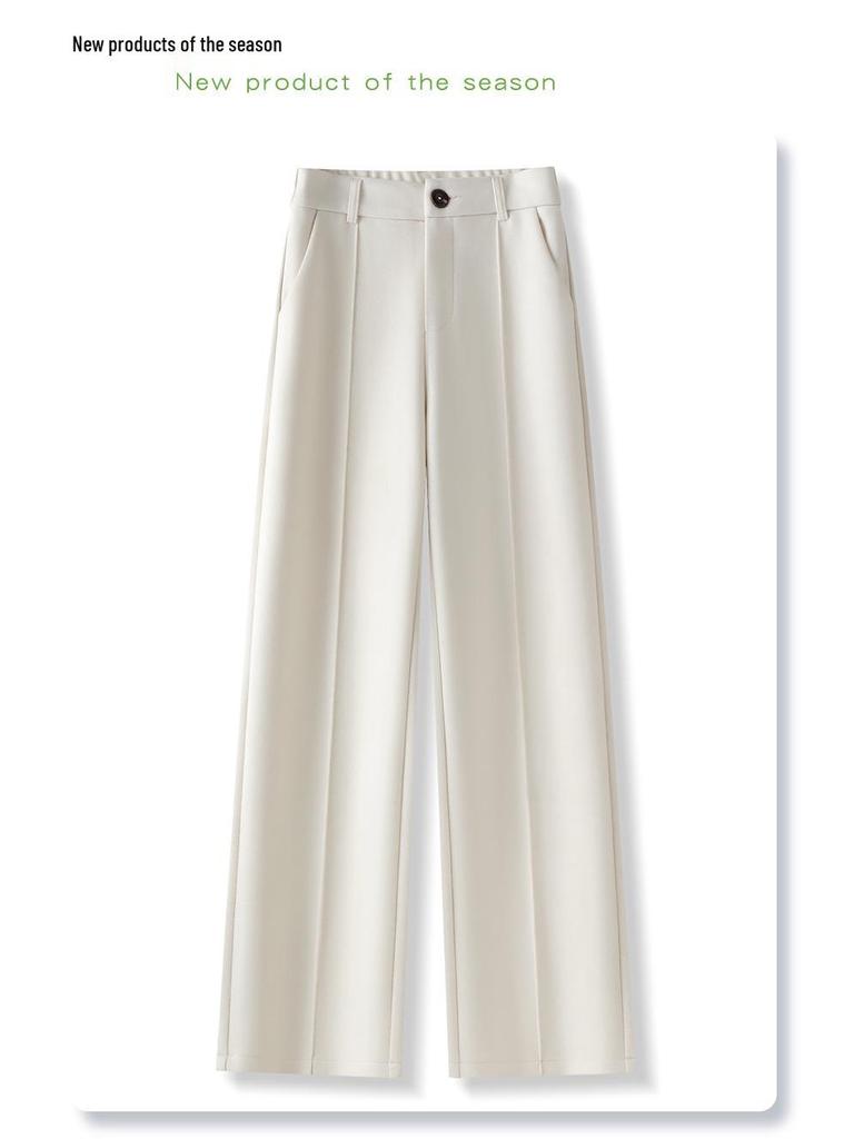 Beige Fleece-Lined Wide-Leg Woolen Pants for Women - New 2024 Autumn/Winter Collection