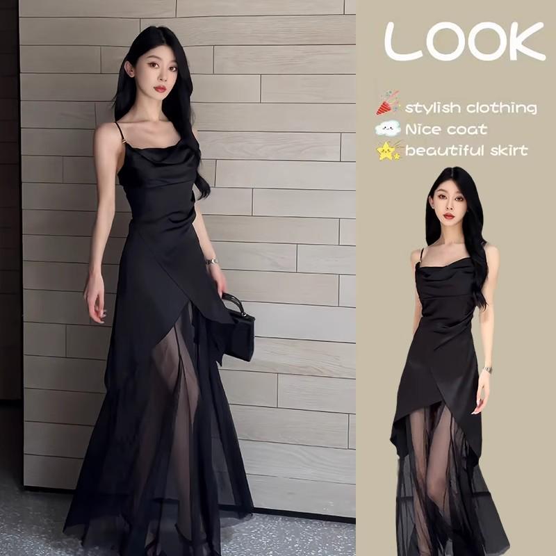 Chic French Black Spaghetti Strap Mesh Long Dress - Women's Summer Sexy High-End Fashion