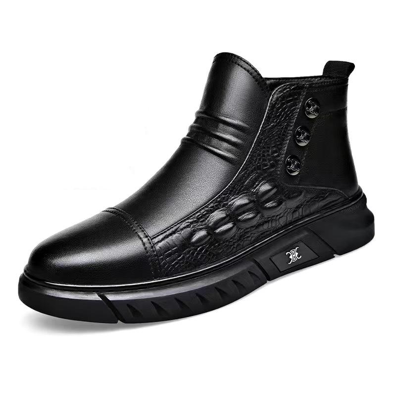 

Luxury Men Boots Fashion High-top Platform Boot Classic Business Casual Leather Boots Winter Plush Warm Cotton Boots for Men2025 44 чёрный