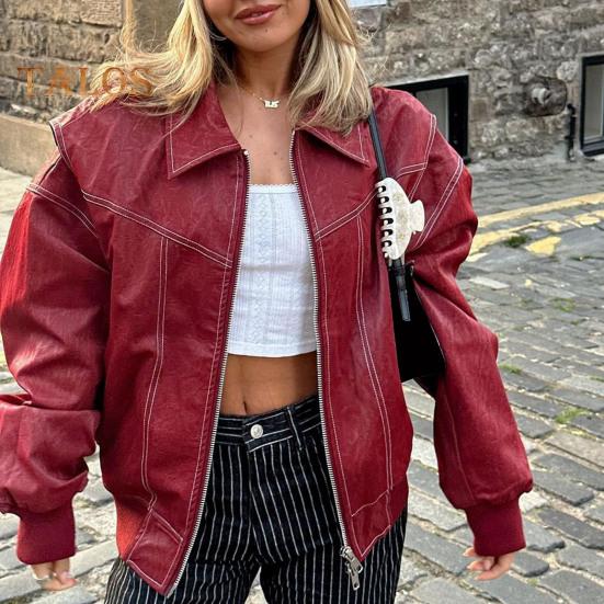 Lady Retro Coat Pure Color Turn-down Collar Zipper Closure Elastic Cuff And Hem Faux Leather Motocycle Jacket Outdoor Travel Coat