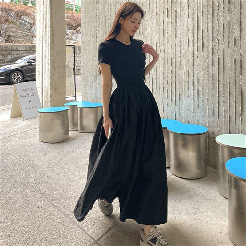 

Knitting Patchwork Dress French High Waist Slim Looking Short Sleeve Black S