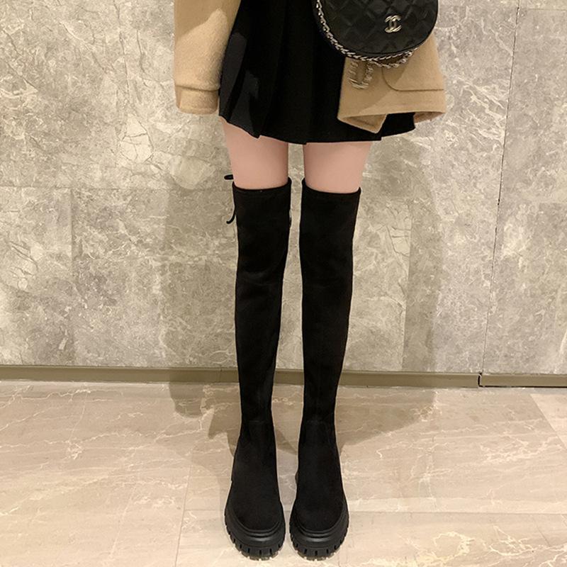 

Те же SW толстые на высоком каблуке толстой подошве круглый носок бархатные длинные эластичные сапоги женские ботфорты черного цвета стройнят 40