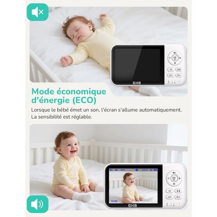 GHB Babyphone Caméra 3,2'' LCD, 2100mAh, Température, Vision Nocturne, Zoom & Audio Bidirectionnel