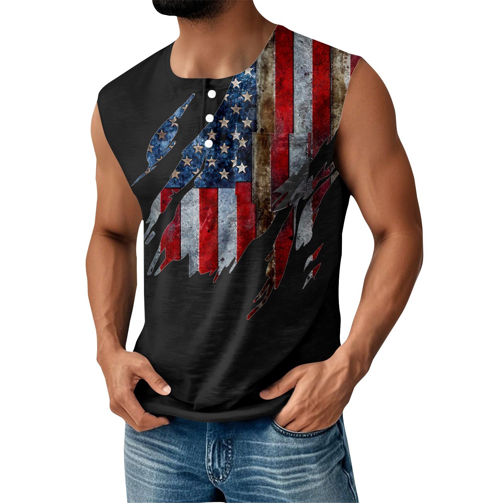 

Мужская летняя майка без рукавов с принтом ко Дню независимости, спортивная, на пуговицах, с карманом L тёмно-синий