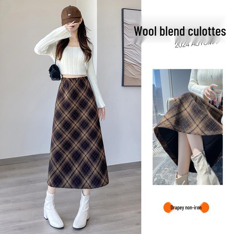

Women s Slimming High Waist Plaid Wool Midi Skirt - Retro Autumn/Winter A-Line Style L