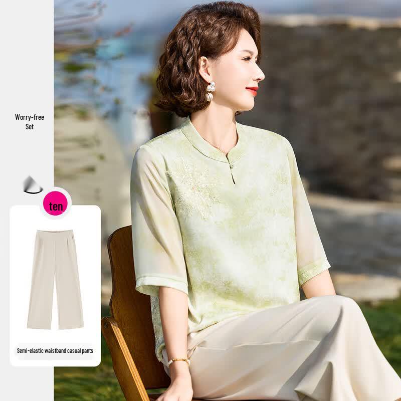 Elegant Women s Chinese Style Floral Print Pullover & Pants Set 2XL