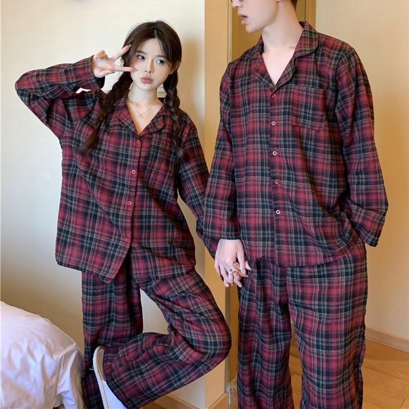Korejský styl červený kostkovaný pyžamový set: Pohodlné, ležérní domácí oblečení pro páry