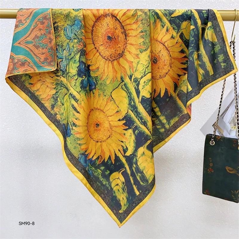 Double-Sided Faux Silk And Wool Printed Scarf For Women Spring And Autumn 90Cm Square Scarf Foulard Bandana Femmel Headscarf