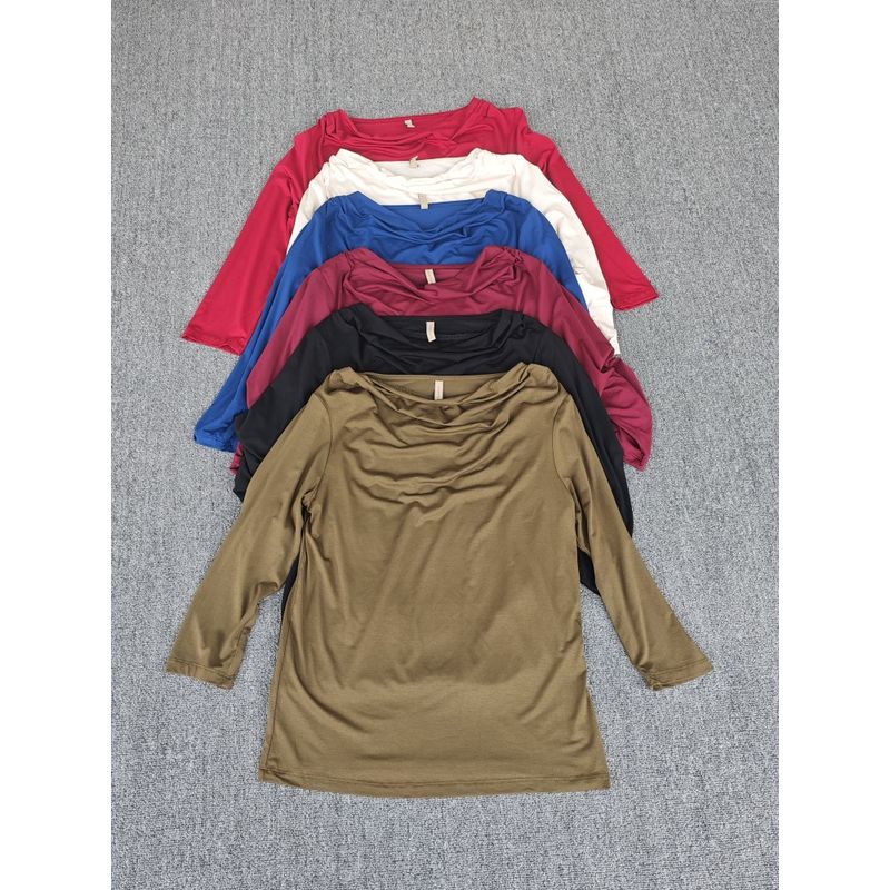 

European and American Spring and Summer Tencel Pile Collar Pullover Women Loose Casual Slimming Commuter Plus size 3/4 Sleeve T-shirt Wine Red defective payment L