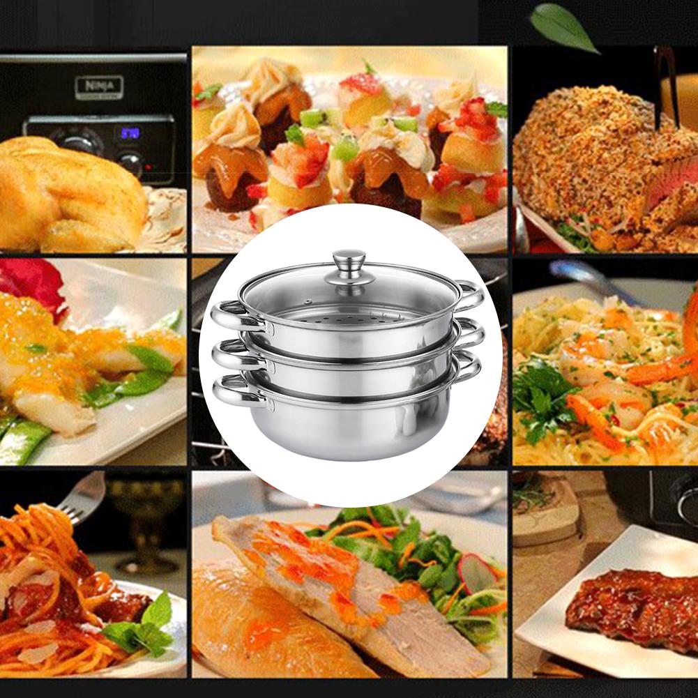 350°F 3 Tier Multi-Function Cook Food Egg Veg Pot with Lid Large Stainless Steel Steam Cooker Steamer Kitchen Steam Pot Steamer