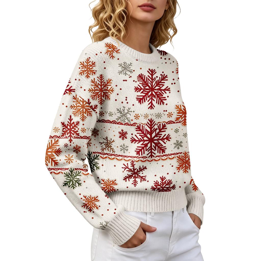 Women's Christmas Print Crewneck Long Sleeve Sweater for Fall Winter Casual Wear