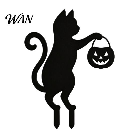 Durable Metal Yard Inserts Halloween Black Cat Stakes, Garden Stake with Pumpkin Lantern and Waterproof Statues Witch Broom, Outdoor Lawn Art
