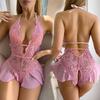 Pink Hanging Neck Lingerie Adult Erotic Costume Deep V Crotchless Woman Underwear Sex Night Open Dress Bodysuit Sexy Jumpsuit