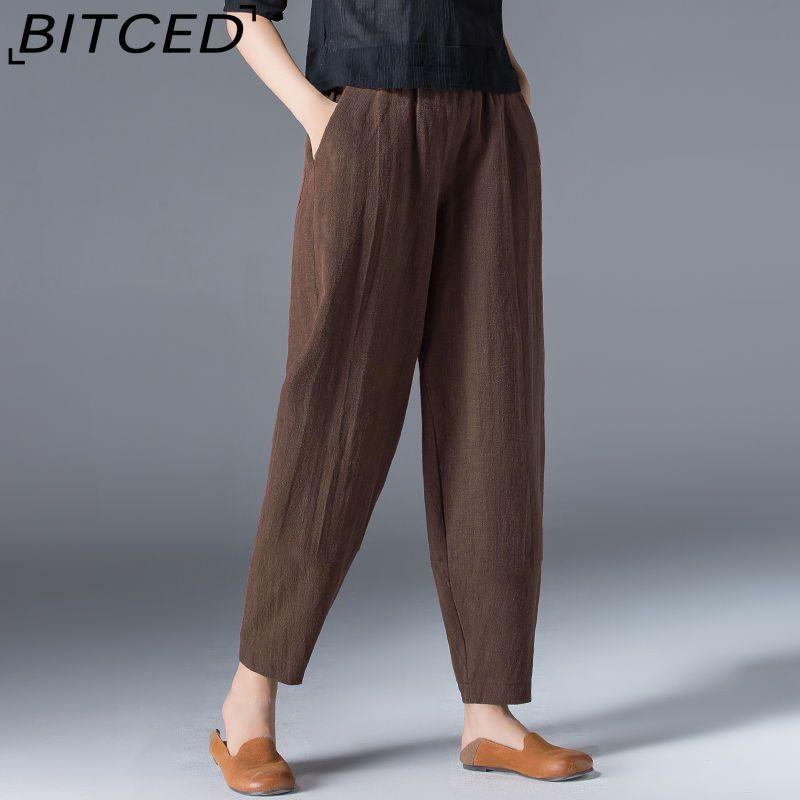 

BITCED 9 цветов, заказывайте на два размера больше, женские летние повседневные свободные брюки-шаровары из хлопка и льна с эластичной резинкой на талии, узкие брюки, брюки Ninth XXXXXL кофейный