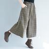 Johnature Casual Wide Leg Loose Plaid Women Pants Elastic Waist Calf Length Office Lady Women Pants