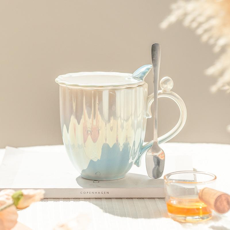 Cream Glue Shell Pearl Ceramic Cup With Lid Girls Water Cup Couple Household Coffee Cup Ceramic Cup